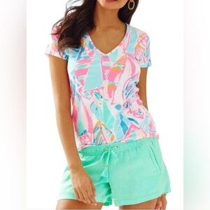 Lily Pulitzer Michelle V Neck Cotton Tee Out to Sea Print XXS